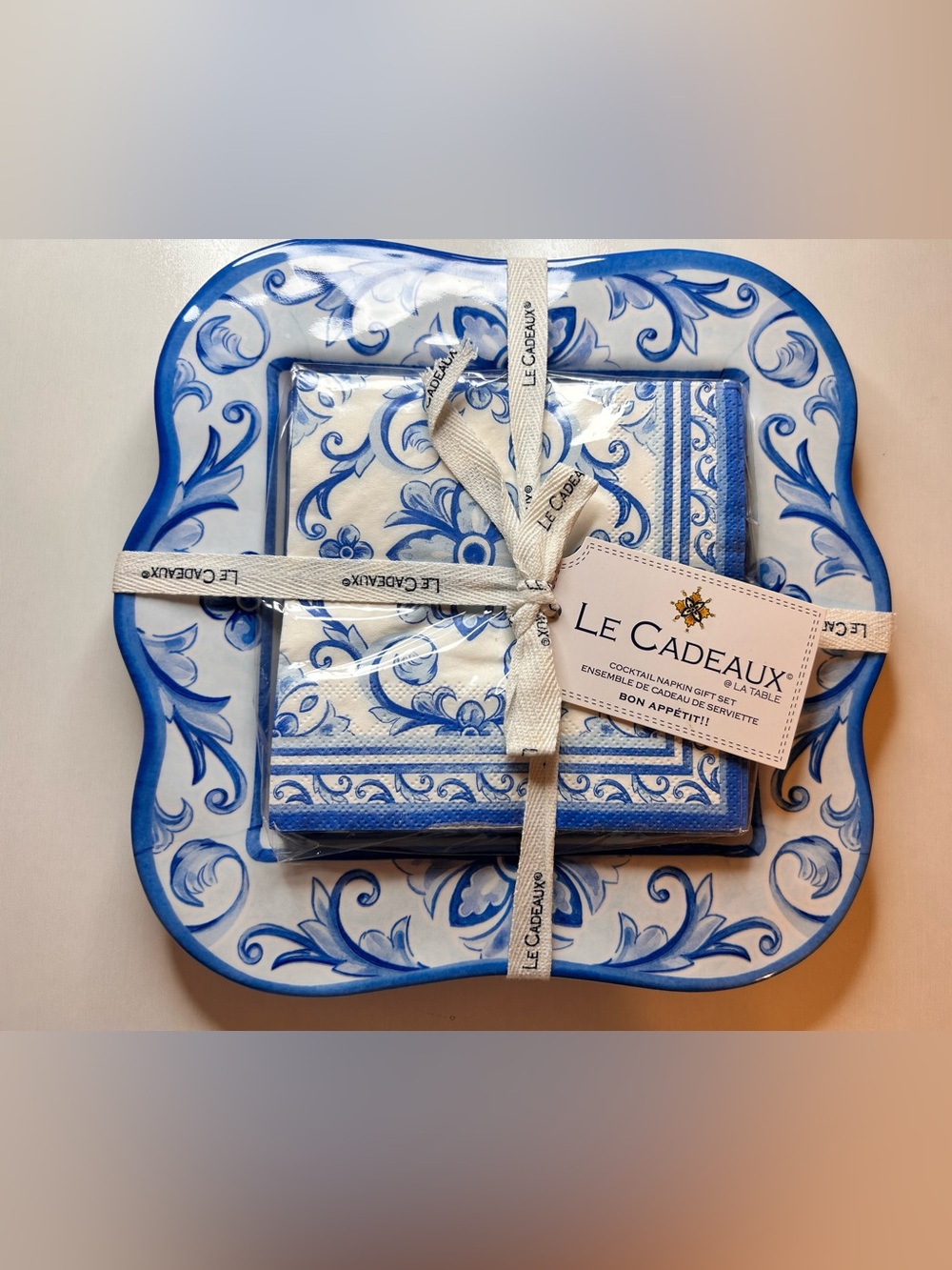 NEW Le Cadeaux Mallorca Blue White Cocktail Napkin Holder Gift Set